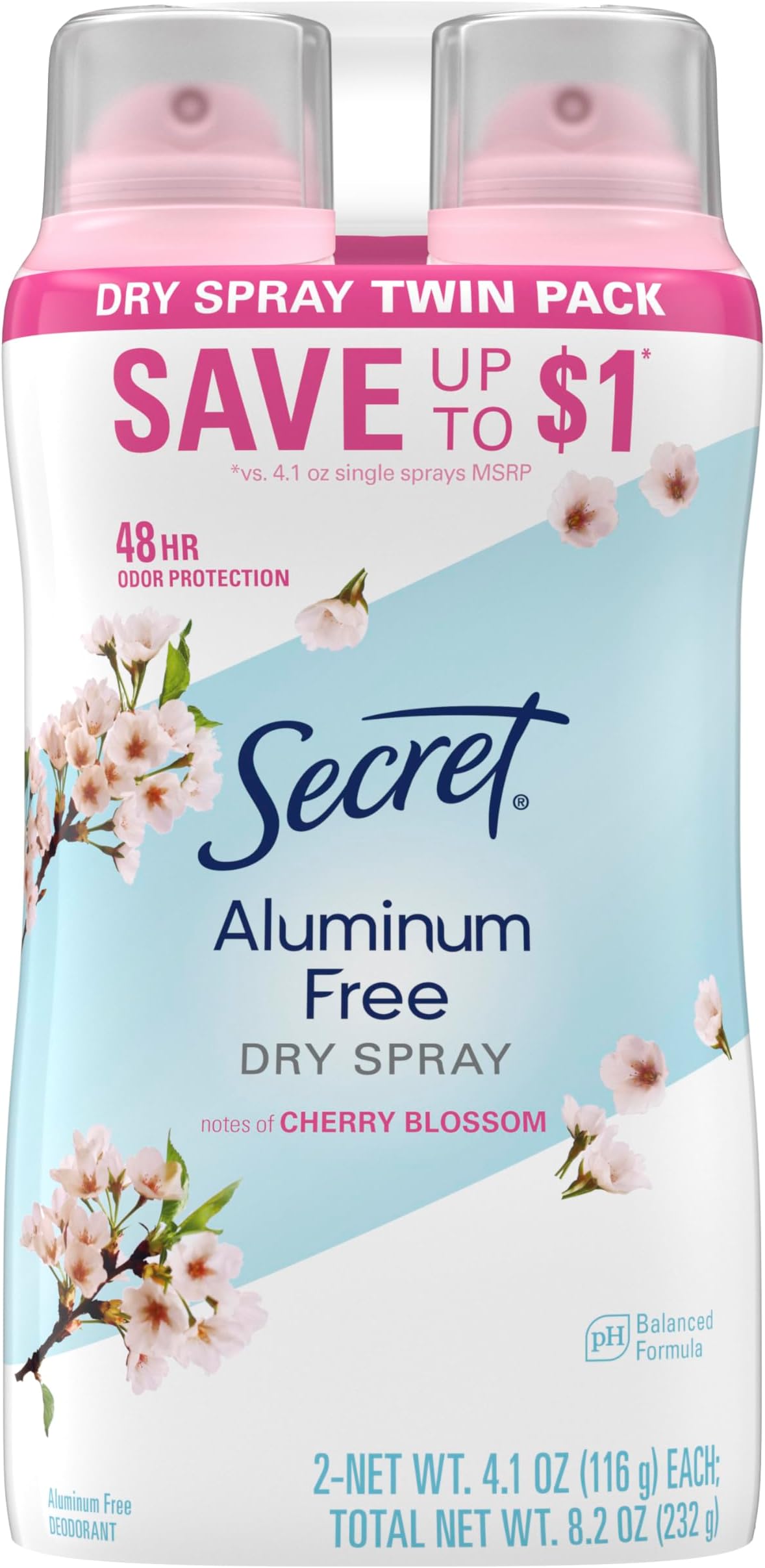 Secret Dry Spray Aluminum Free Deodorant for Women, 48hr Weightless Odor Protection, Gentle on Skin, Cherry Blossom Scent, 4.1 oz (Pack of 2)
