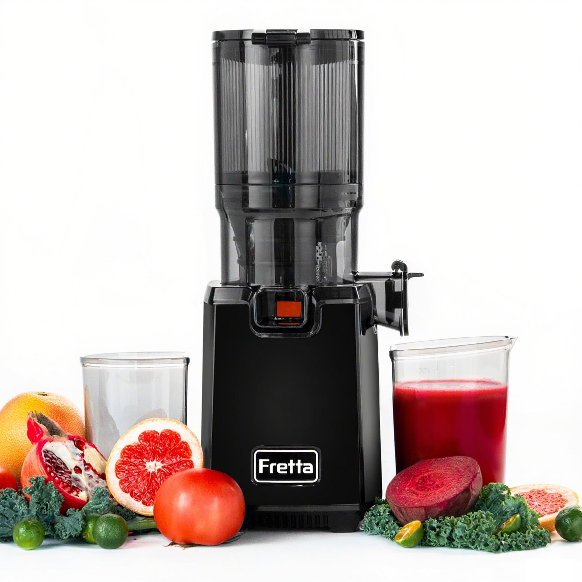 Fretta Extractor de Zumos para Reuniones Boca 5.3 Pulgadas Capacidad 1,8 L | Filtro triple para mayor rendimiento, admite frutas enteras, piezas desmontables, fácil de instalar y limpiar