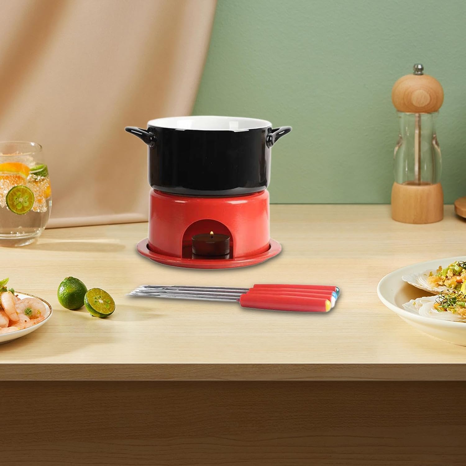 Ceramic Chocolate with Adjustable Tealight Temperature, Cheese Fondue Set, Butter Melter, Dessert Maker, Easy Cleaning, Multipurpos, Black Red