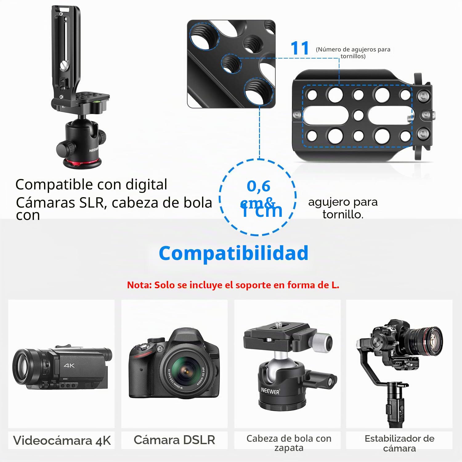 Neewer - Soporte en Forma de L para cámara de Fotos con Forma de L, con Tornillos de 1/4 Pulgadas, Arca Swiss Compatible con dji Osmo Ronin Zhiyun Canon Nikon Sony DSLR cámara (Negro)