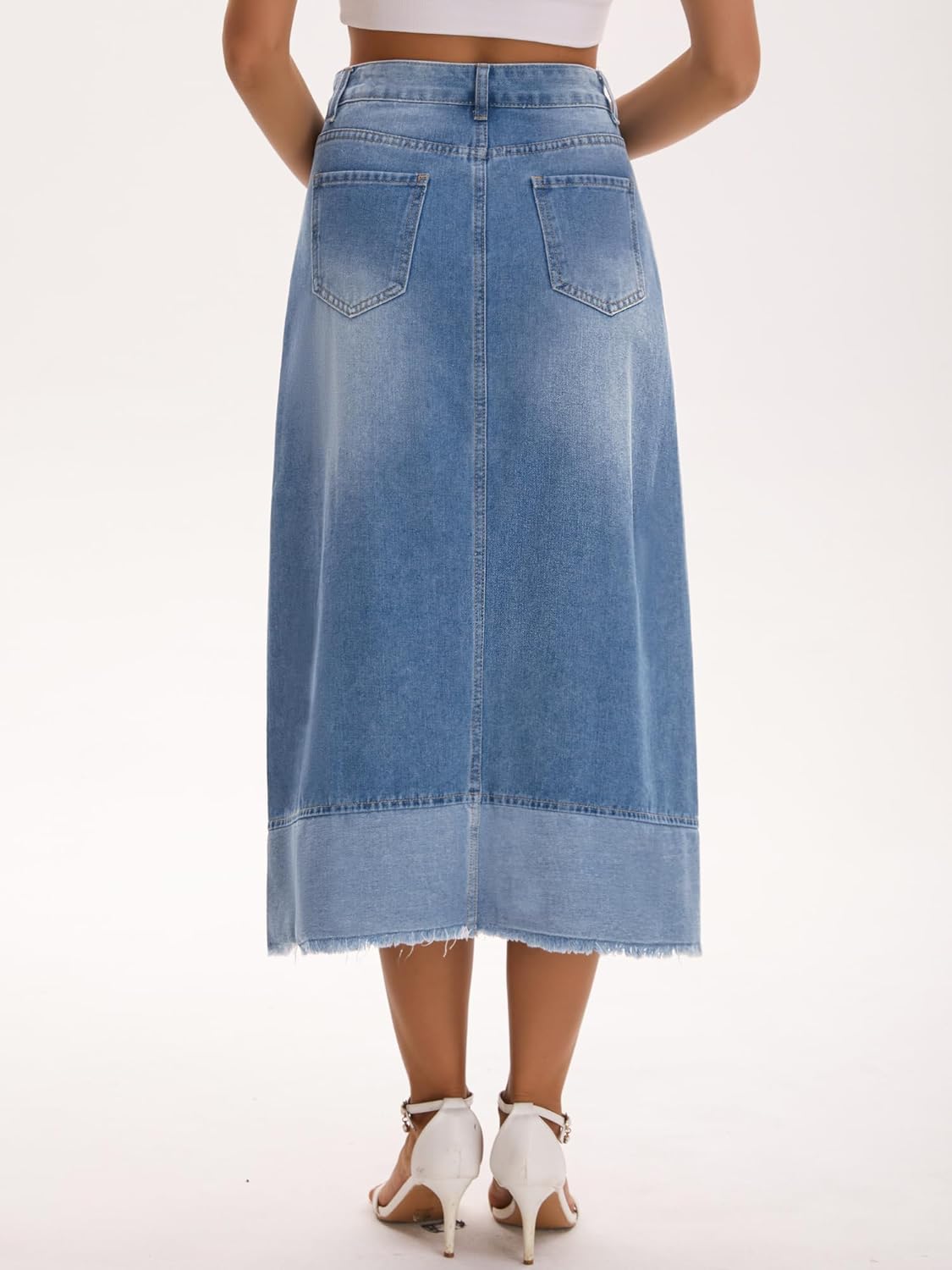 Women's Casual Denim Maxi Skirt High Waist Contrast Panel A Line Long Jean Skirts - Image 4