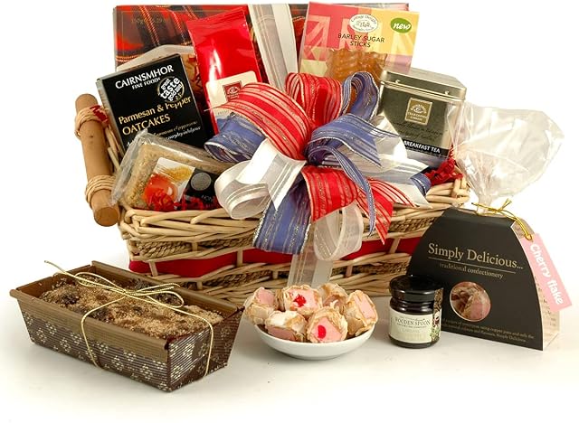 British Food Hamper - Contains Award Winning Delicacies - Handmade Wicker Basket Wrapped With Red, White & Blue Ribbon