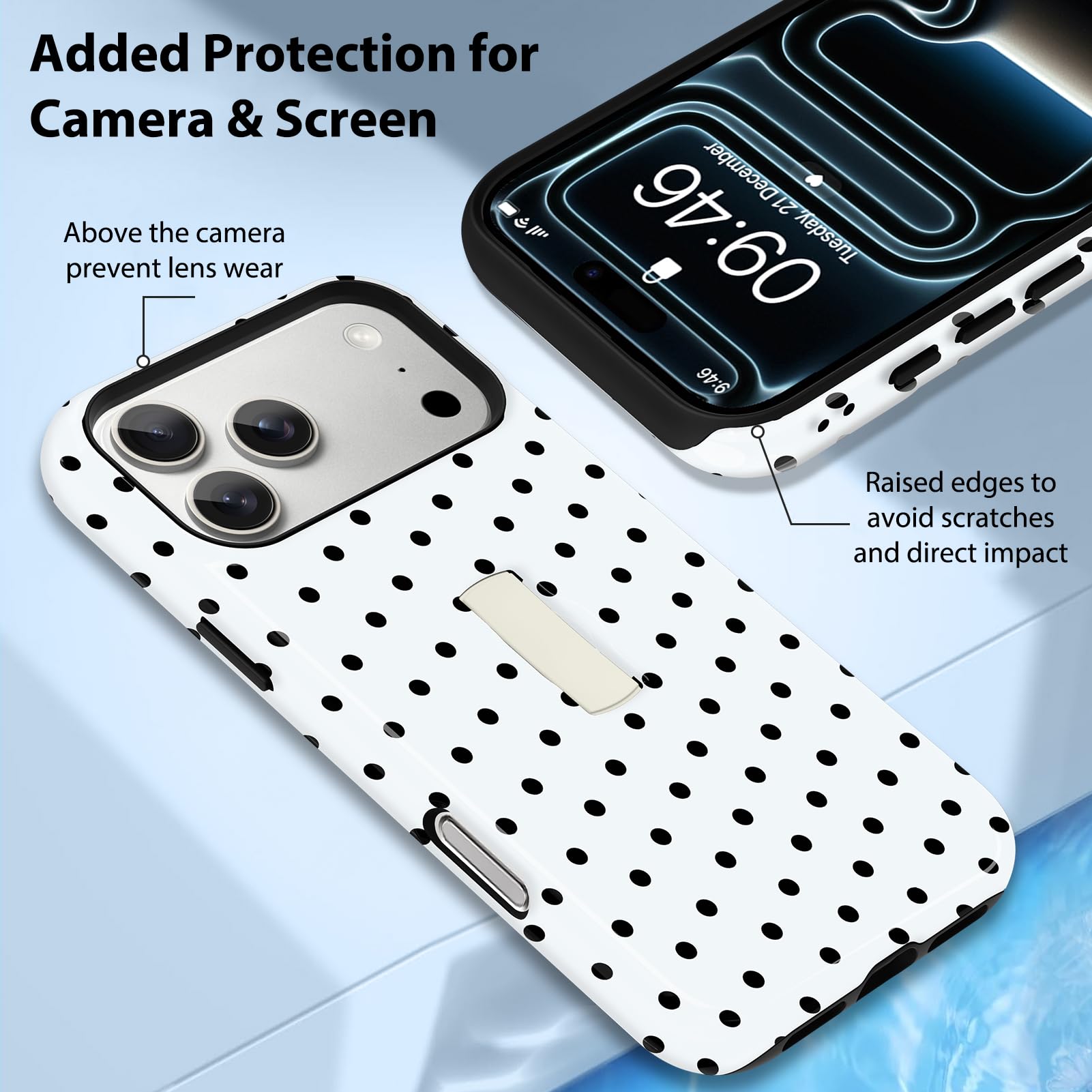 KANGHAR Custodia a pois per iPhone 17 Pro Max con supporto a strappo nascosto - Cover ibrida 2 in 1, sottile, antiurto, compatibile con MagSafe, protezione obiettivo fotocamera, unisex quotidiano