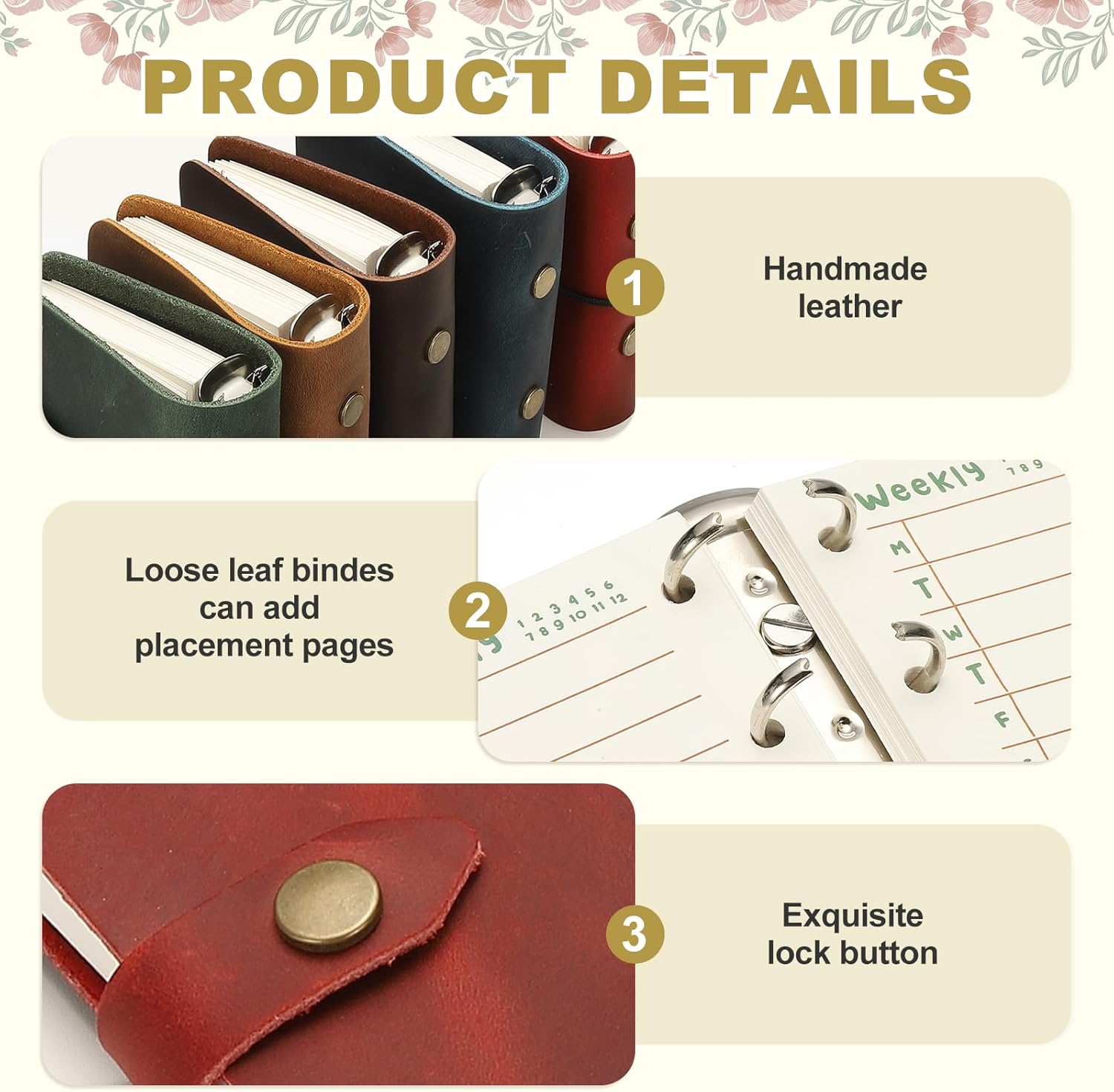 PATIKIL A9 Genuine Leather Journal, 3 Ring Notebook Binder Planner Loose Leaf 60 Sheets Paper Refillable for Business Office Study Writing with Snap Button, Green - Image 3