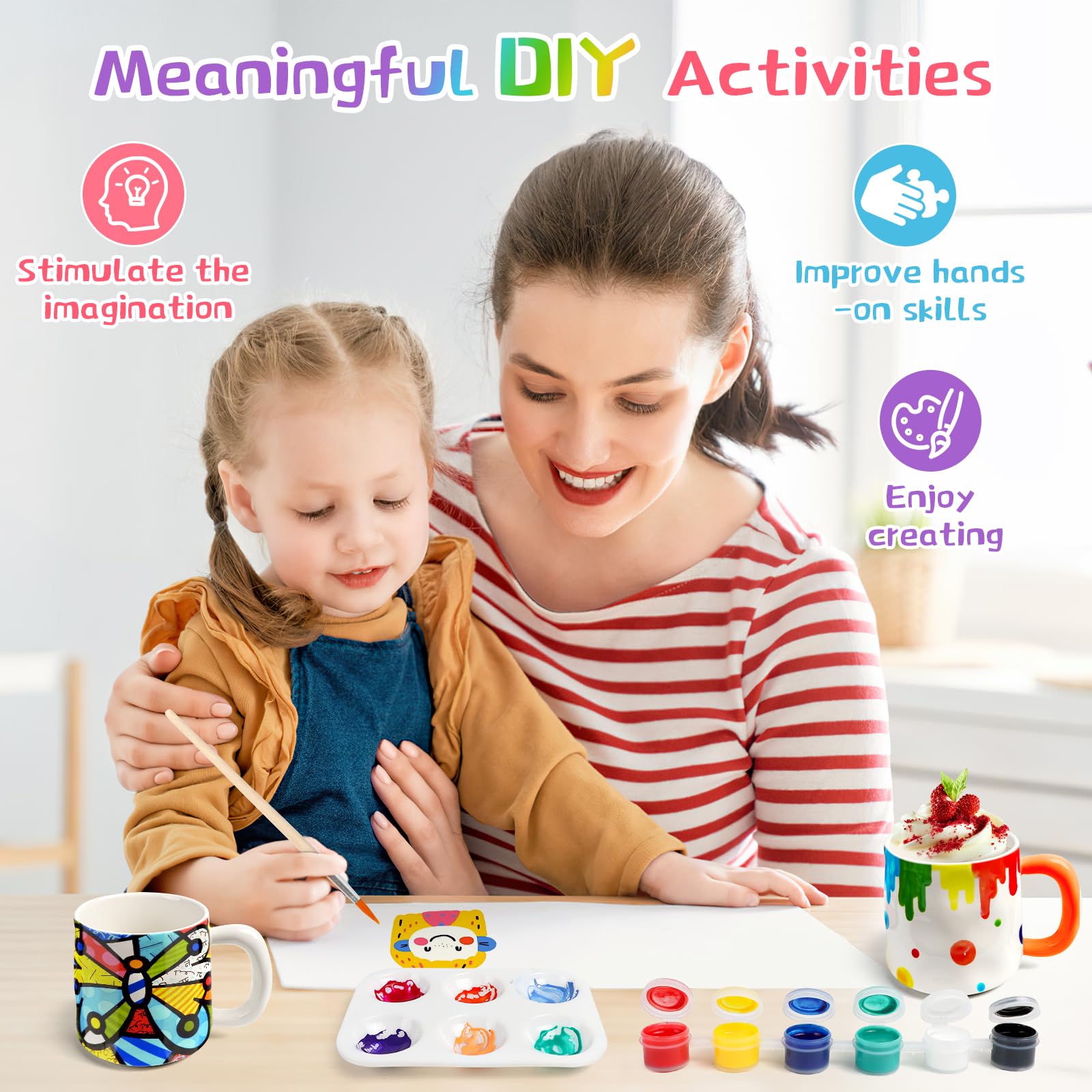 Kit de Peinture sur Céramique, 2 Tasses à Peindre en Céramique Blanche Set avec Peintures, Pinceaux et Peinture, Kit Mug Peindre Cadeau DIY, Kit de Bricolage pour Adultes et Enfants