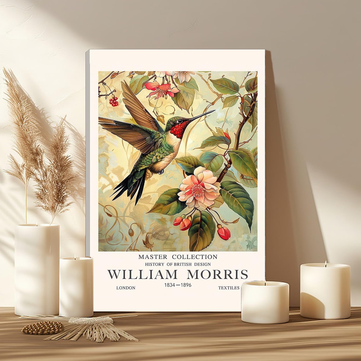 William Morris Hummingbird Canvas Wall Art, Hummingbird Print Paintings Wall Decor,William Morris Bird Pictures for Wall Living Room Bedroom Bathroom Home Decoration 16x24 inch( Stretched Canvas on A Wooden Frame)