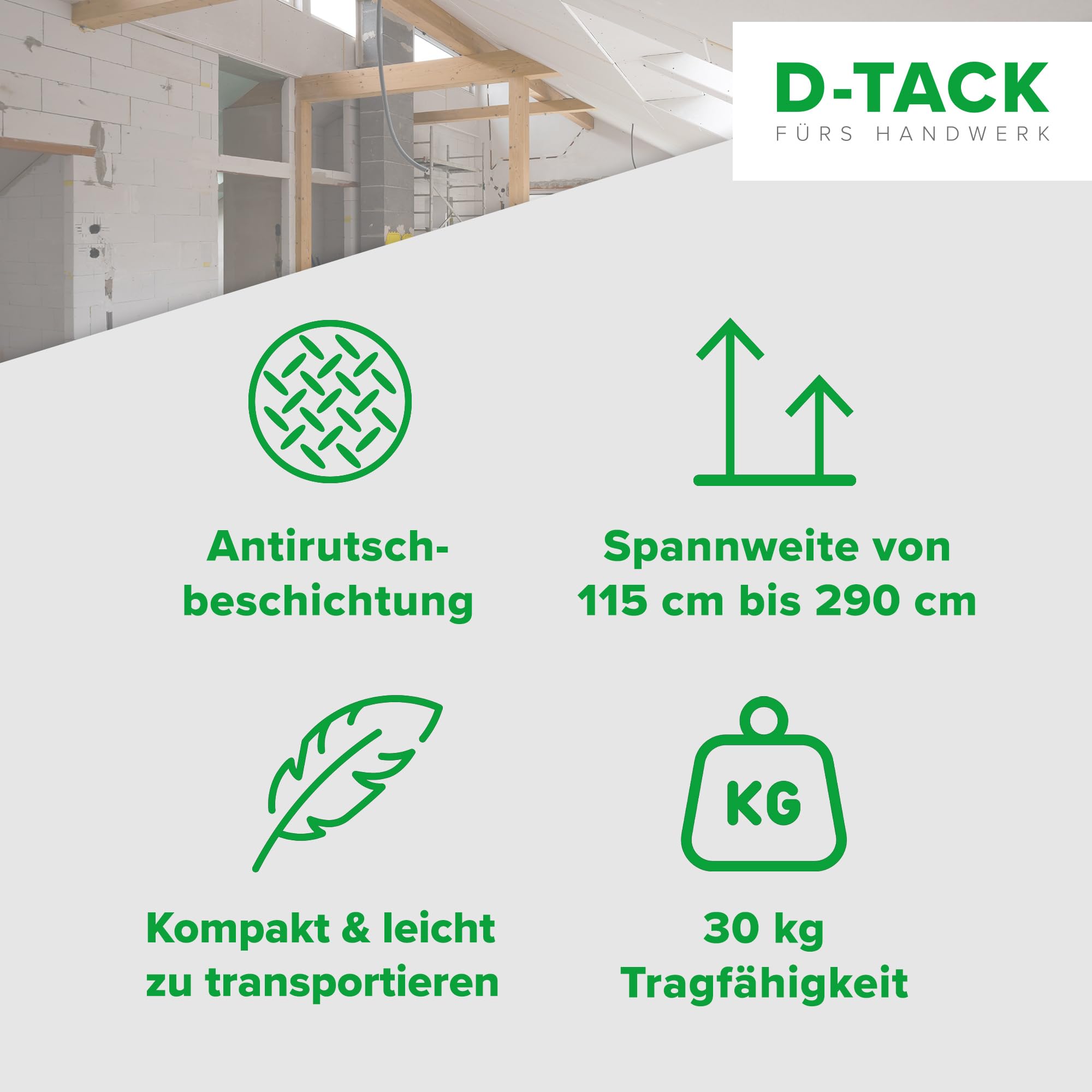 D-TACK 2x Montagestützen | Deckenstützen 115–290 cm bis 30 kg | Teleskopstützen mit Rastermechanik & rutschfesten Gelenkplatten | Für Trockenbau, Montagehilfe, Staubschutzwand & Baustelle