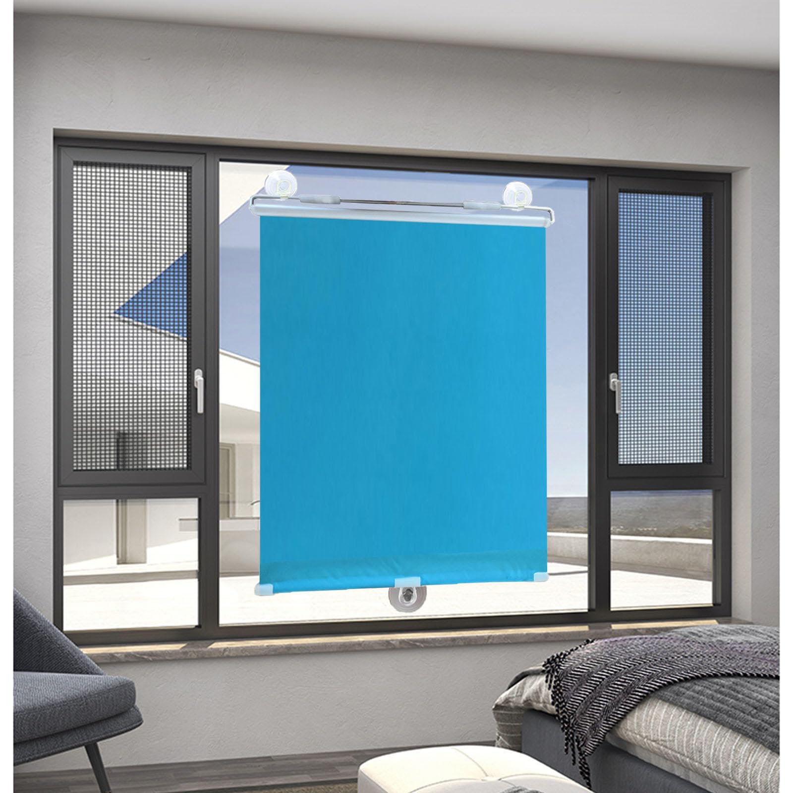 DECAKE Suction Cup Roller Blinds, Blackout Shades for Windows, Retractable Sunshade Roll Up 35x125/50x125/60x125cm Curtains, Temporary Privacy Blinds,Blue-65x125cm(25.6 * 49.2in)