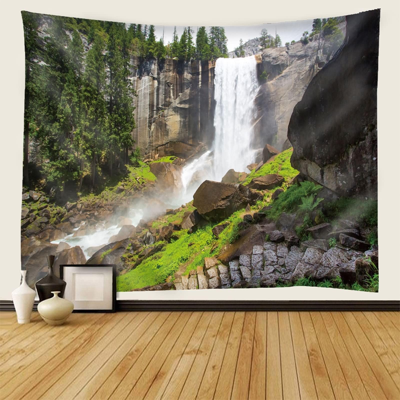Homxi Tapiz para Sofá 200 W x 200 H CM, Cascada y Árboles, Tapices de Sofá Poliéster, Gris Verde