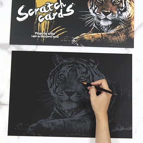 Miniatura 5 de Scratch Art Rainbow Painting Paper Animal - Tigre, manualidades para mujeres, pasatiempos, arte de grabado para niños y adultos, pintura para