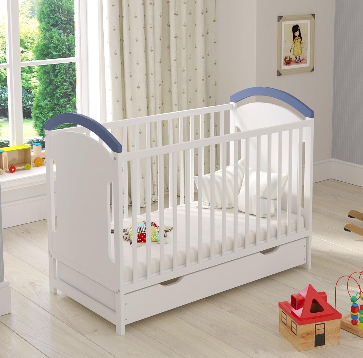 Love For Sleep Babybett Beistellbett 120x60cm mit Sicherheitsbarriere Umwandelbar Blue AMIE Kinderbett Baby Bett Holz - Kinderbett Babybett, Mitwachsend Gitterbett Baby Bed