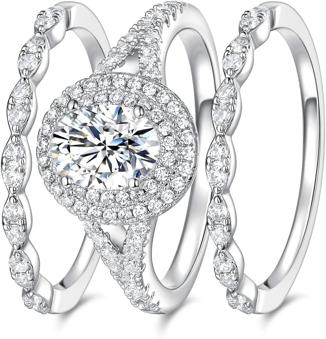 MDFUN 18K White Gold Plated Promise Ring for Women Cubic Zirconia Stackable Ring Set Three-in-One Oval Halo Wedding Engagement Promise Eternity Band