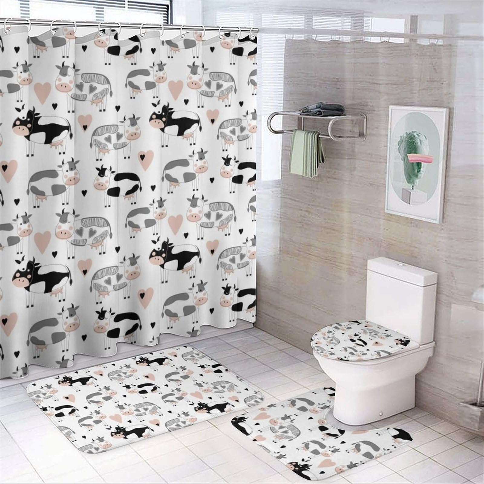 Wlntrophic Bathroom Mat Set 4 Piece, Cute Cattle Cow Shower Curtain with Non-Slip Bath Mats for Bathroom
