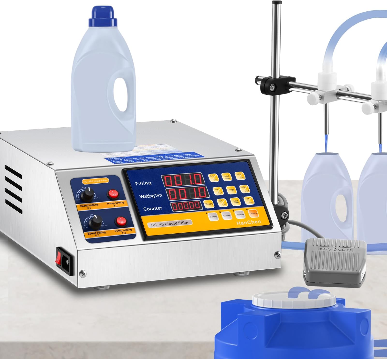 Hanchen Liquid Filling Machine Automatic Bottle Filler 1-135 Fl Oz Digital Liquid Filler Cosmetic Oil Filling Machine for MCT Oil, Milk, Beverage, Water, Juice, Essential Oil 2 Heads Diaphragm Pump