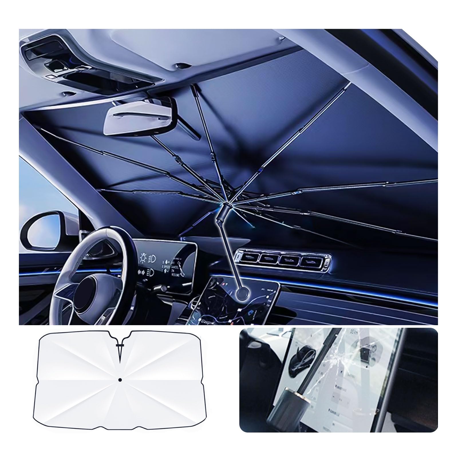 Pare-Soleil Pare-Brise Avant 140x80 Cm - Revêtement Titane, Protection UV, Pour SUV, Berline, Camionnette - 12