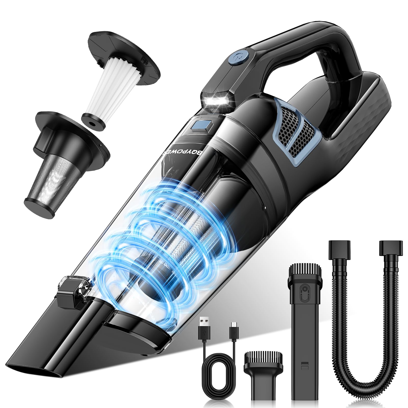 BQYPOWER Handheld Vacuum Cordless Rechargeable, Hand Held Car Vacuum | 16000PA Strong Suction Hand Vacuum Cordless Rechargeable with Multiple Attachments, Portable Car Vacuum Cleaner for Car Home