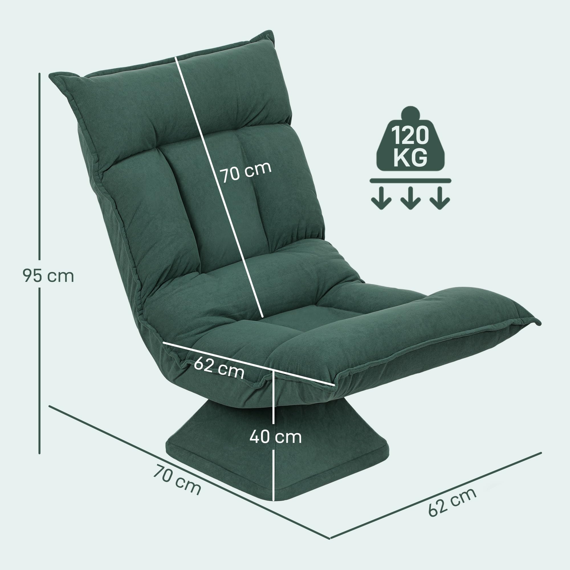 HOMCOM Chaise de sol, pivotante à 360 °, avec dossier réglable en 5 positions, pliable, pour méditation, salon, jeux et lecture, vert