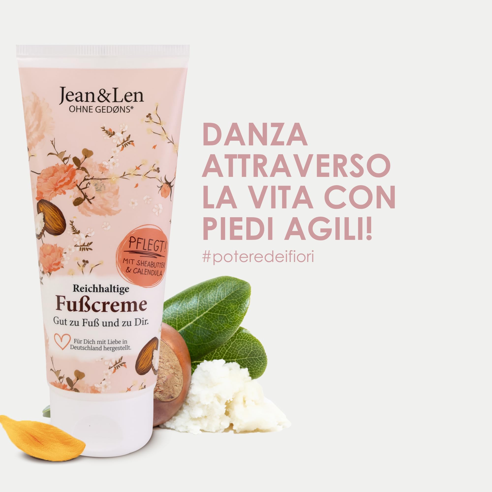 Jean & Len crema piedi burro di karité e calendula, per pelle secca e stressata, cura a fondo e rende i piedi morbidi, profumo rosmarino e zenzero, Foot Cream, senza parabeni e siliconi, 100 ml