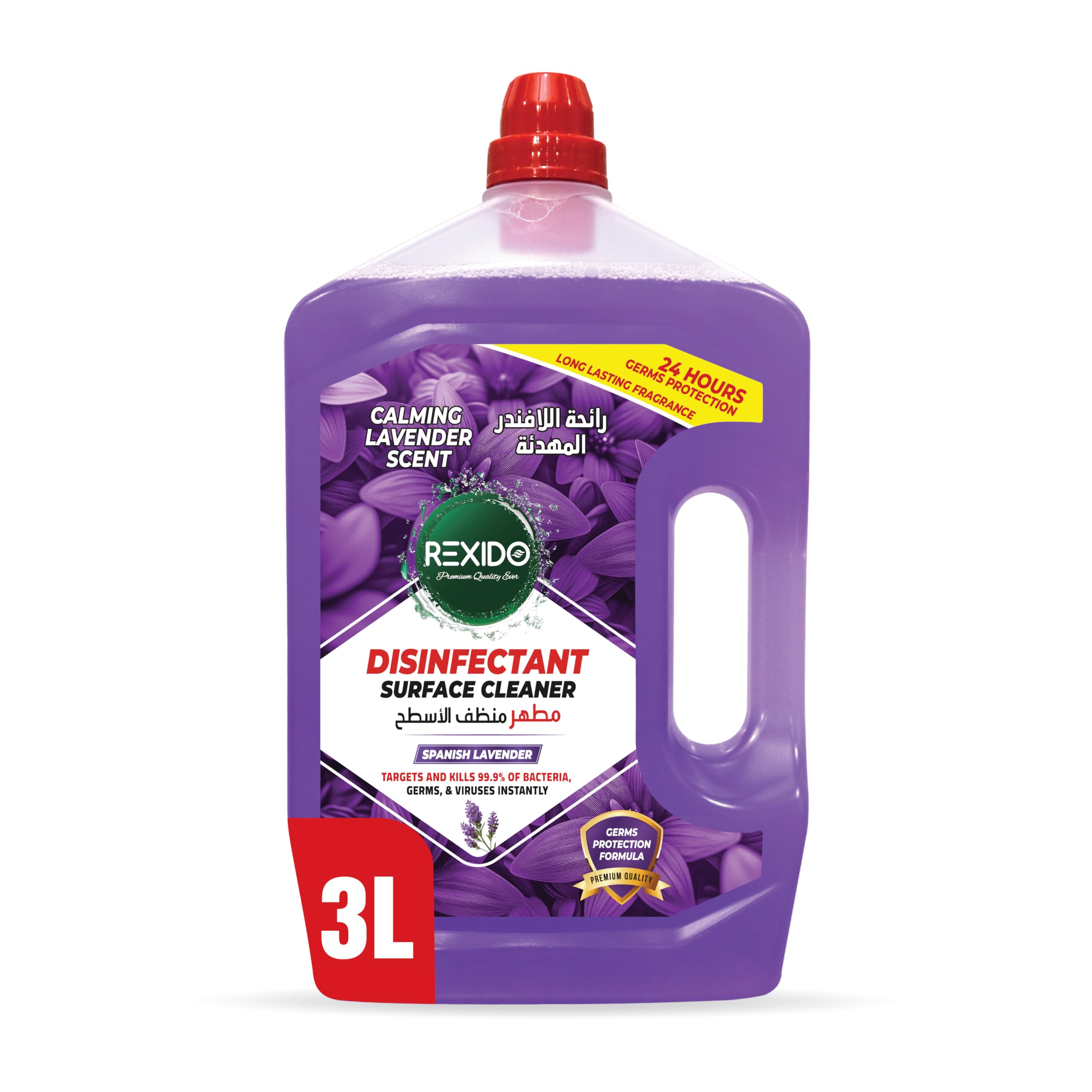 REXIDO High Performance Disinfectant Floor Cleaner, Power Clean & Deodorize, Kills 99.9% Bacteria & Germs, 24-Hour Protection & Freshness, Spanish Lavender 3L.