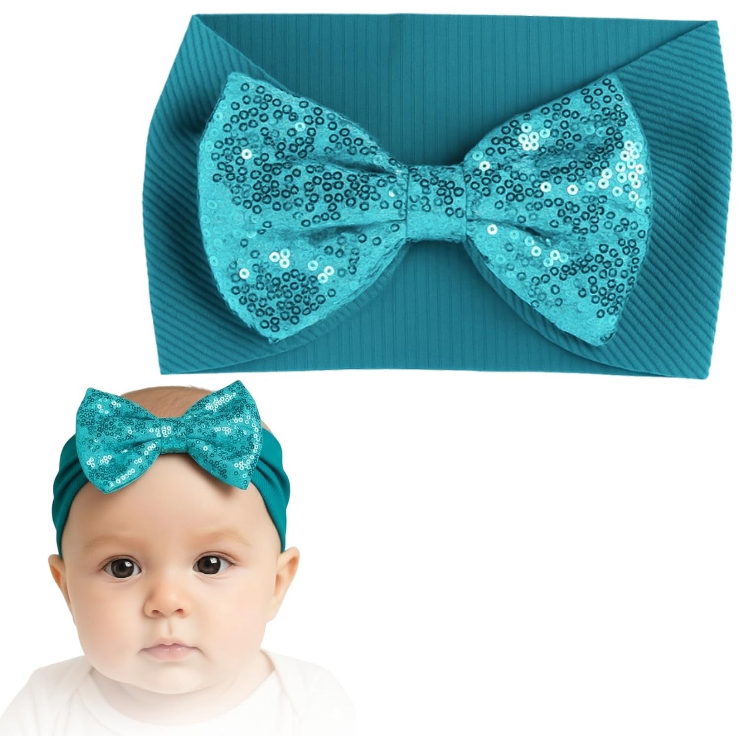 BellaStella 1 Pcs Stylish Baby Headbands for Girls Glitter Sequin Bow Set – Soft & Stretchy Turban Hairbands Comfortable Hair Accessory for Newborn, Infant & Toddlers (TURQUOISE)-image-43