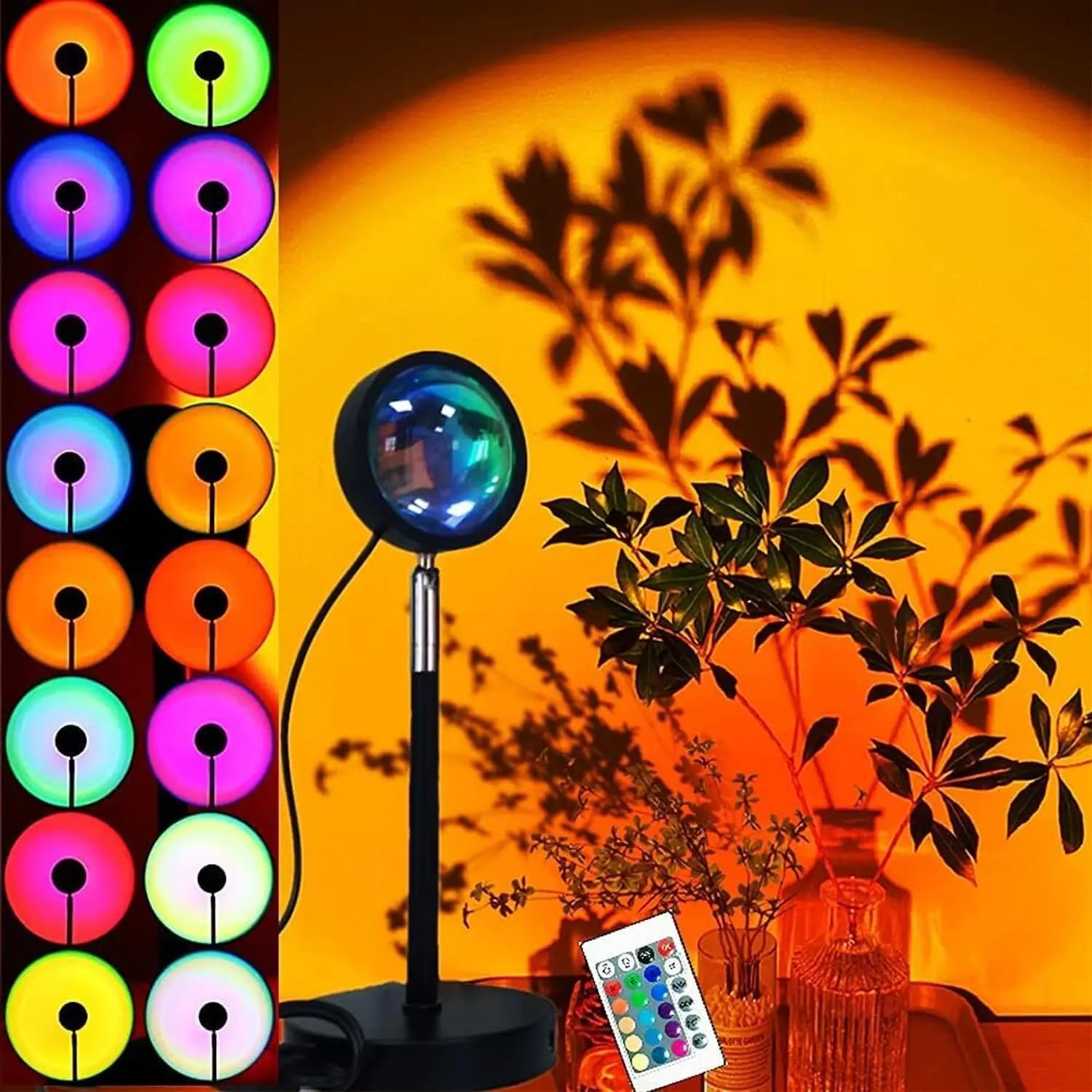 16-Color 360ยฐ Rotating Sunset Projection Lamp with Remote | Romantic LED Night Light for Bedroom, Kids, Couples & Adults | Mood Lighting for Home, Living Room, Party (Multicolor, Plastic)