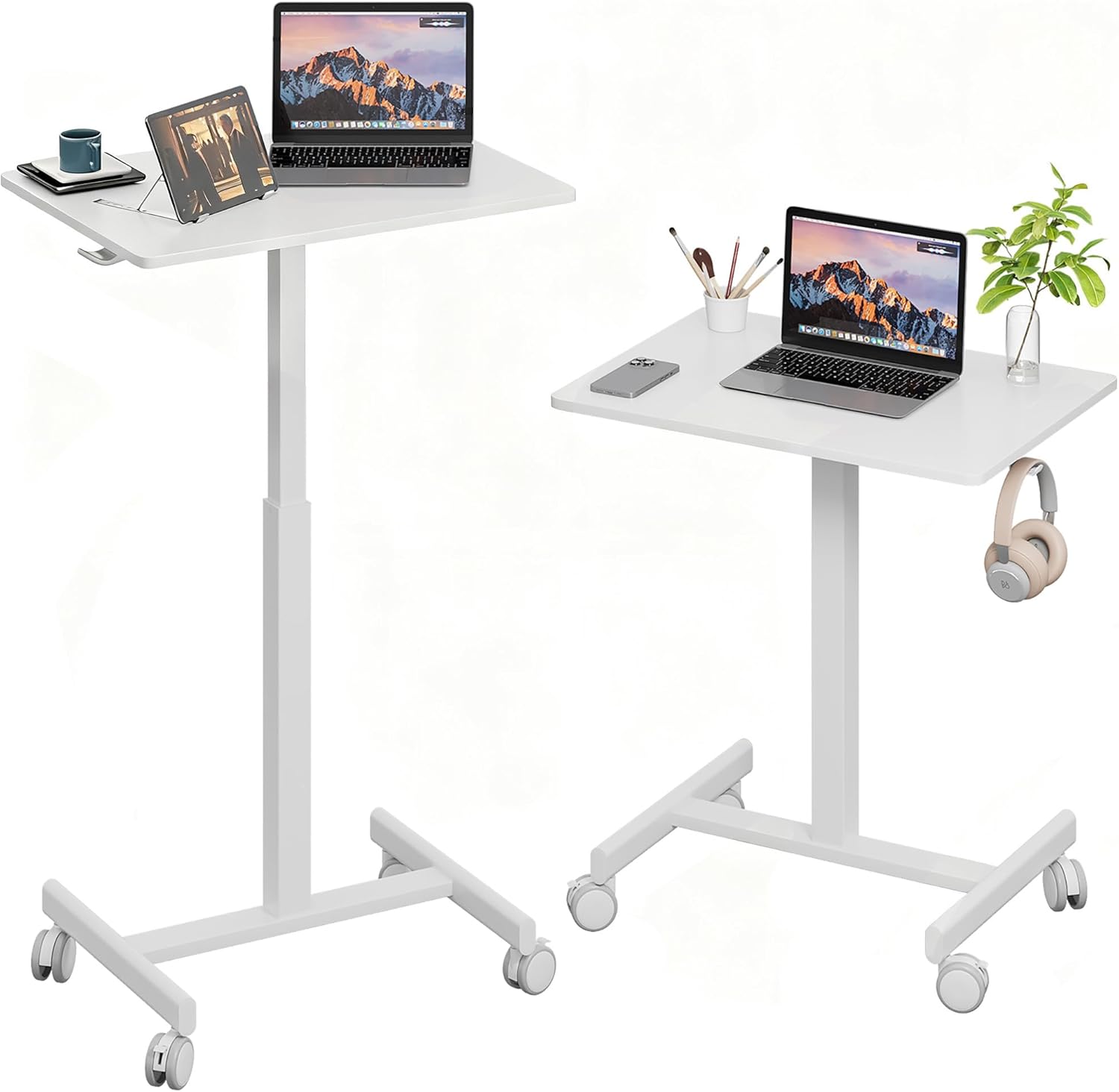 18.9 * 25.6 inch Mobile Standing Desk,T Shaped Pneumatic Adjustable Height Stand Up Desk,with Lockable Wheels,Ergonomic Standing Side Table for Home Office Work Computer Workstation White