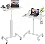 Mobile Small Standing Desk, Gas Spring Adjustable Height Rolling Portable Laptop Desk with Lockable Wheels, Computer Workstation, Rolling Podium (Maple Top + White Frame, 650mm*480mm)
