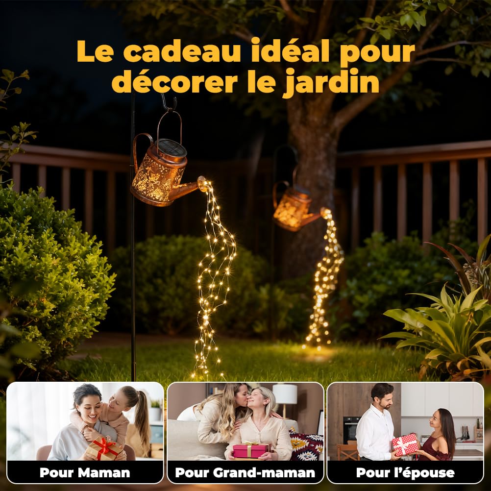 OUSFOT Lampe Solaire Jardin Exterieur Arrosoir Comprenant 6 Guirlande Lumineuse Cascade avec 90 LED, Motifs Colibris et Floraux, Lanterne Lumiere Solaire IP44 Étanche, Decoration Cour Halloween Noël