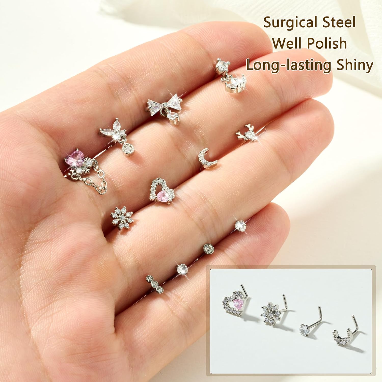 Zolure Nose Rings L Shape Nose Studs for Women Stainless Steel Body Piercing Jewelry Butterfly Flower Heart Moon Dangle Cute Pink Clear CZ image 2