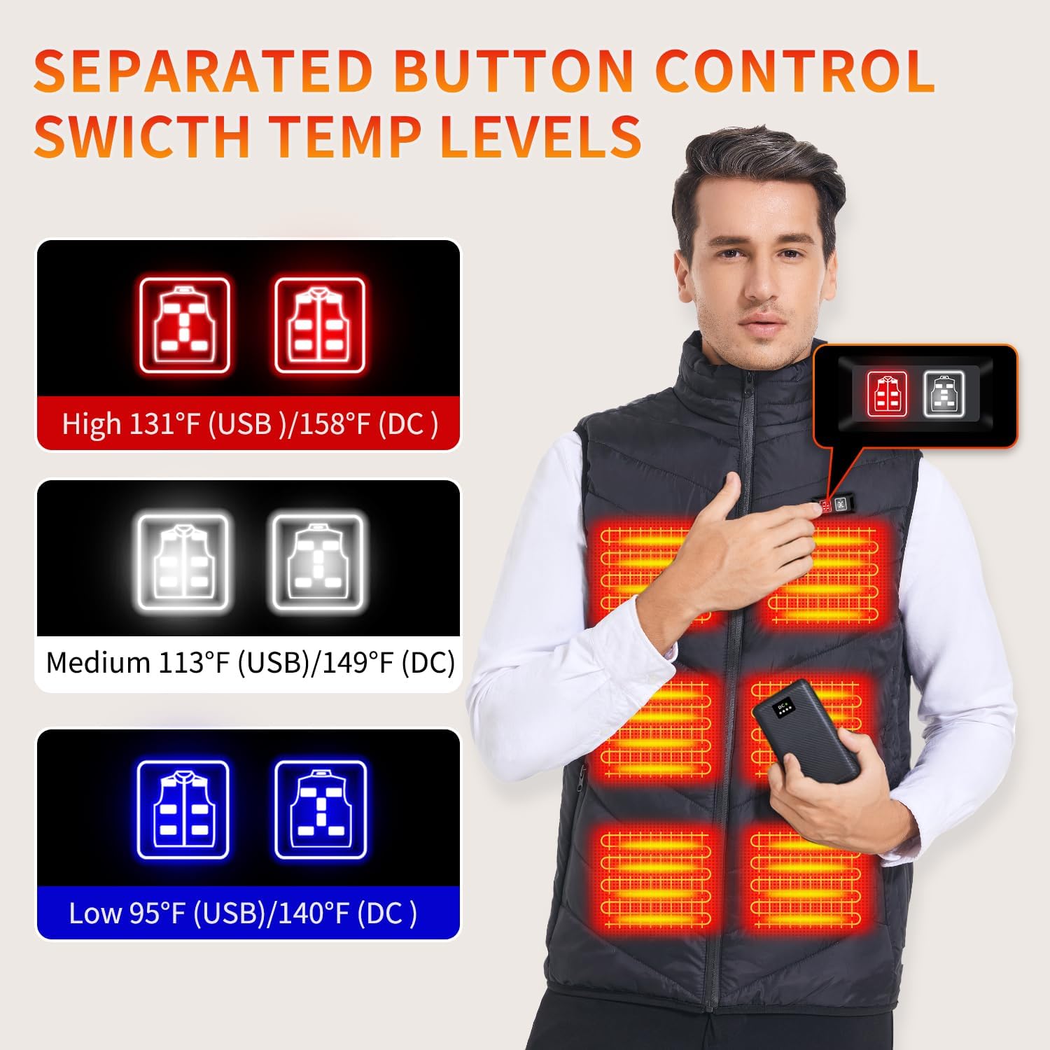 JIAE [2025 Version] 11 and 13 Heating Zones Heated Vest with 30000mAh 7.4V Battery, 6 Heating Levels Electric Heating Jacket