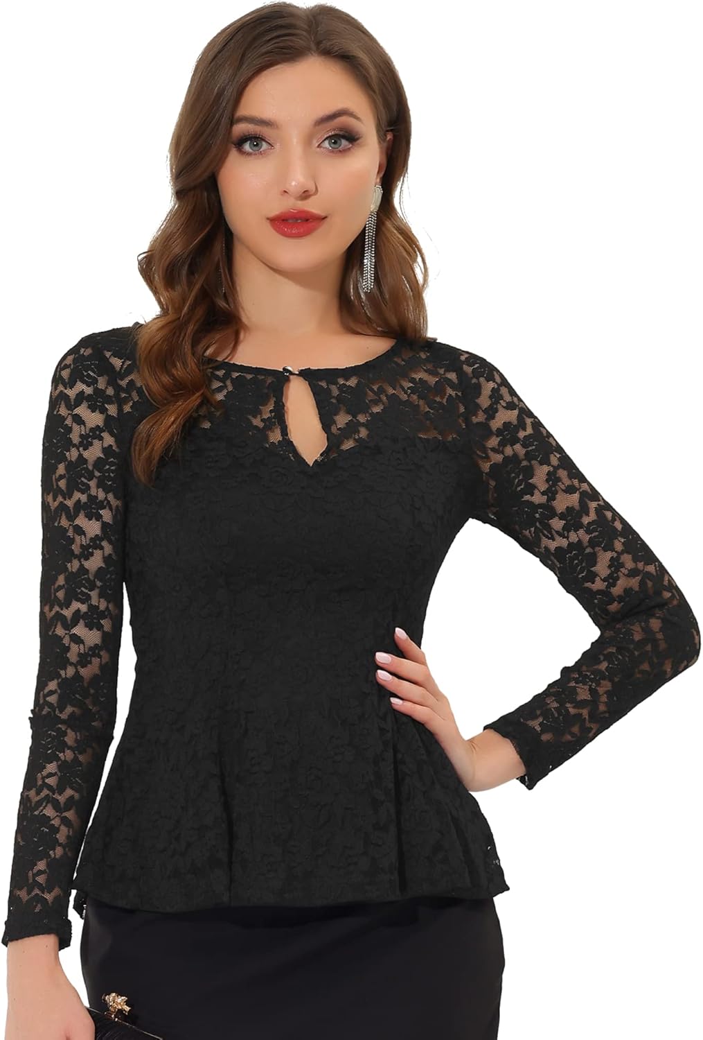 Allegra K Women’s Lace Tops Keyhole Front Peplum Hem Sheer Long Sleeve Blouse
