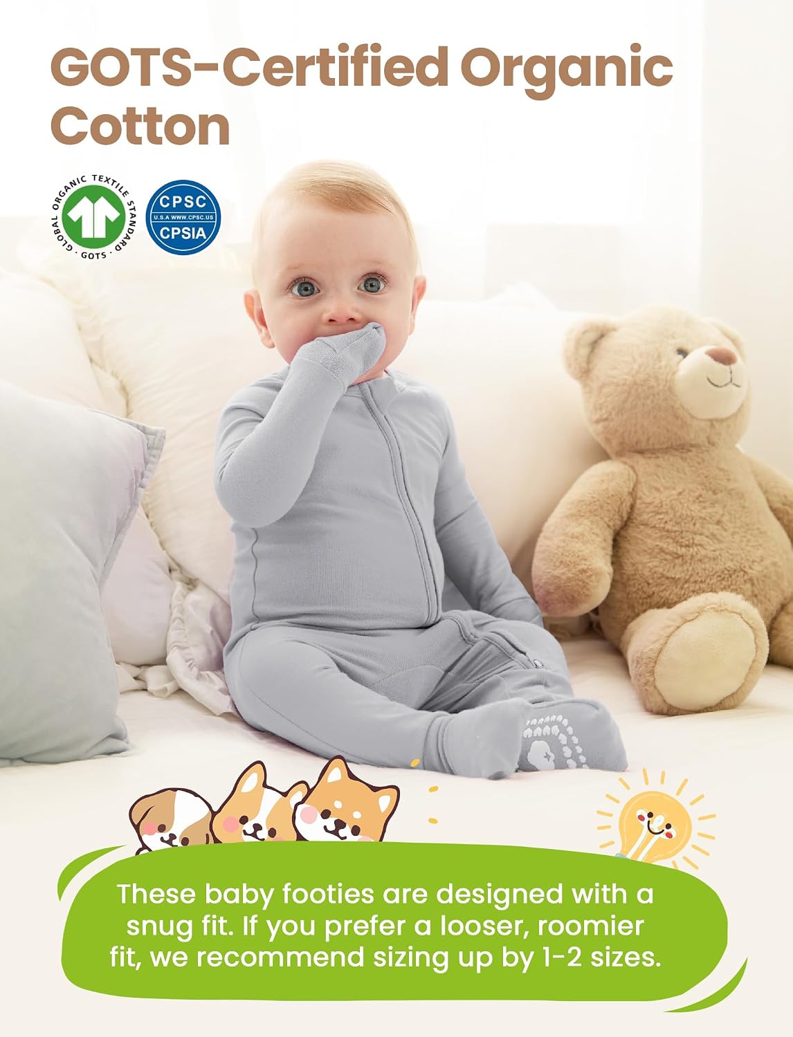 PATPAT Organic Cotton Baby Footie Pajamas with Two-Way Zipper & Fold-Over Mittens, Soft Stretchy Romper for Newborn Boy Girl