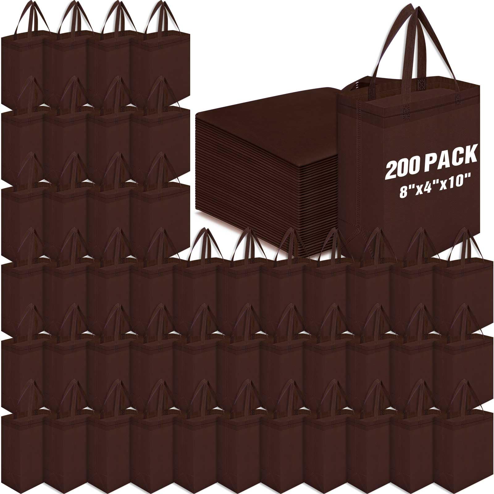 Windyun 200 Pcs Reusable Tote Bag Bulk 8 x 4 x 10 Inch Non Woven Shopping Bag with Handle Christmas Reusable Grocery Gift Tote (Brown)