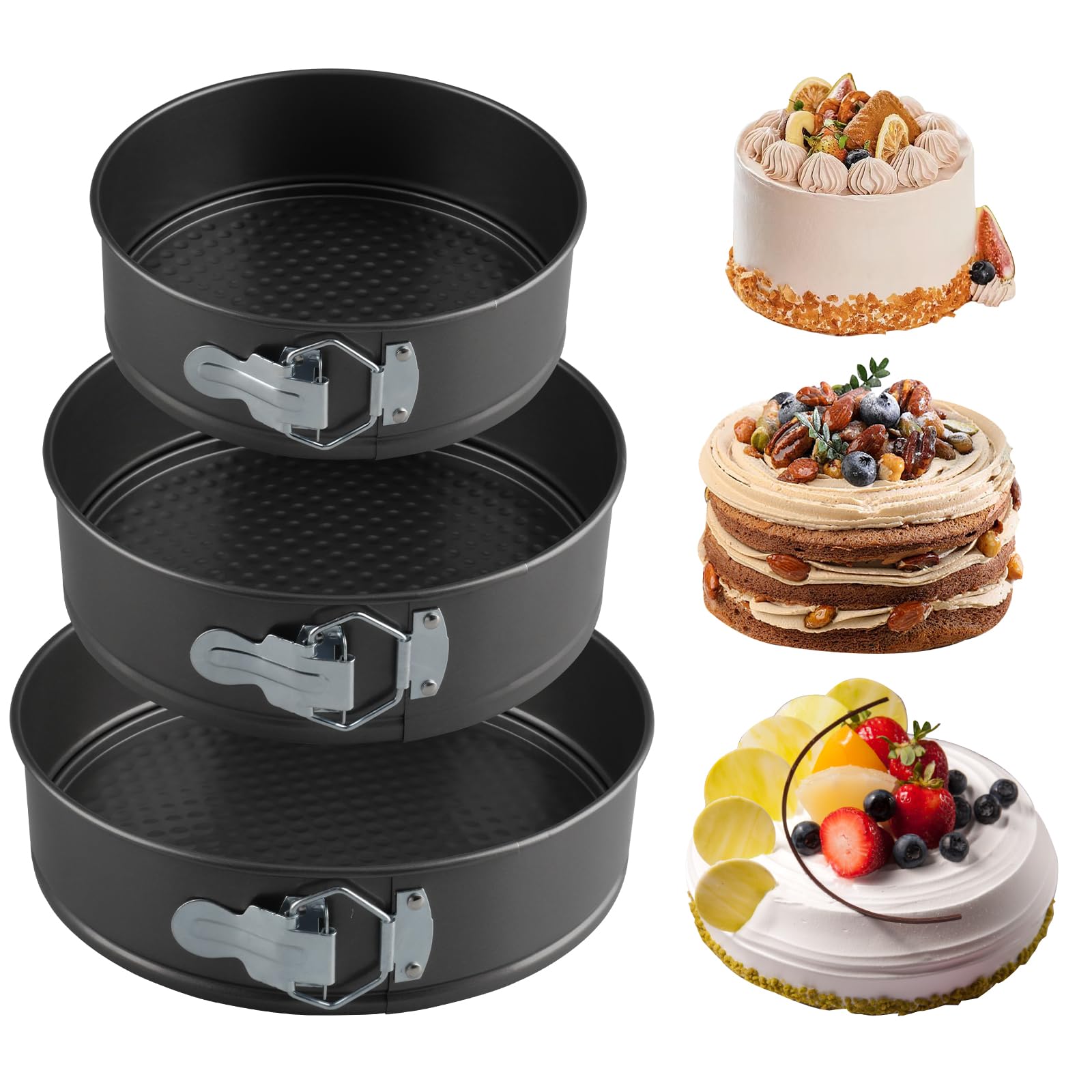 Lot de 3 Moule à Manqué Rond, 20/22/24cm Moule à Gàteau Rond, Carbone Moules à Charnière Avec Fond Amovible, Moule Bento Cake pour Faire Gâteaux