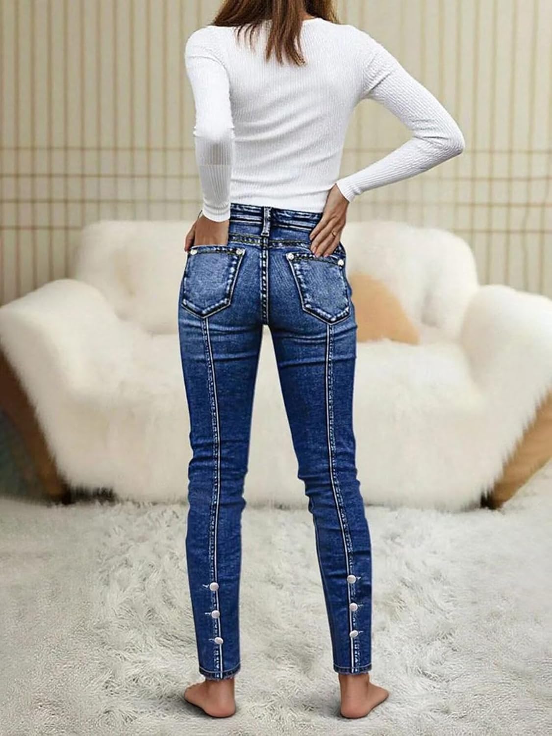 Flamingals Mid Waist Skinny Jeans for Women Butt Lifting Slim Fit Button Side Stitch Detail Trendy Denim Jeans - Image 4