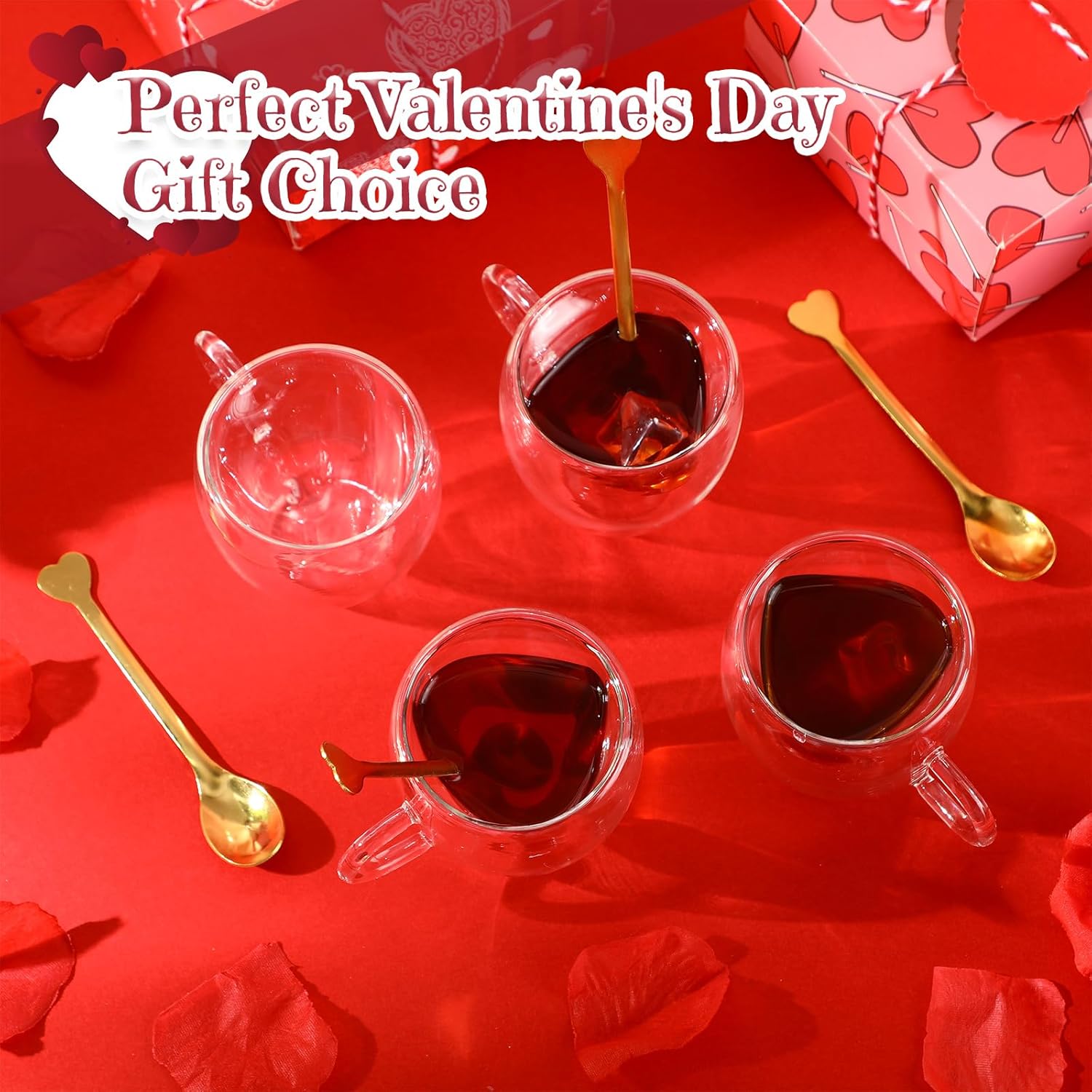 Nuogo 16 Pcs Heart Shaped Double Walled Glass Coffee Cups and Teaspoons Set Clear Mugs 2.8oz/80ml Heart Insulated with Handle for Milk Tea Juice Coffee Valentines Wedding Couples