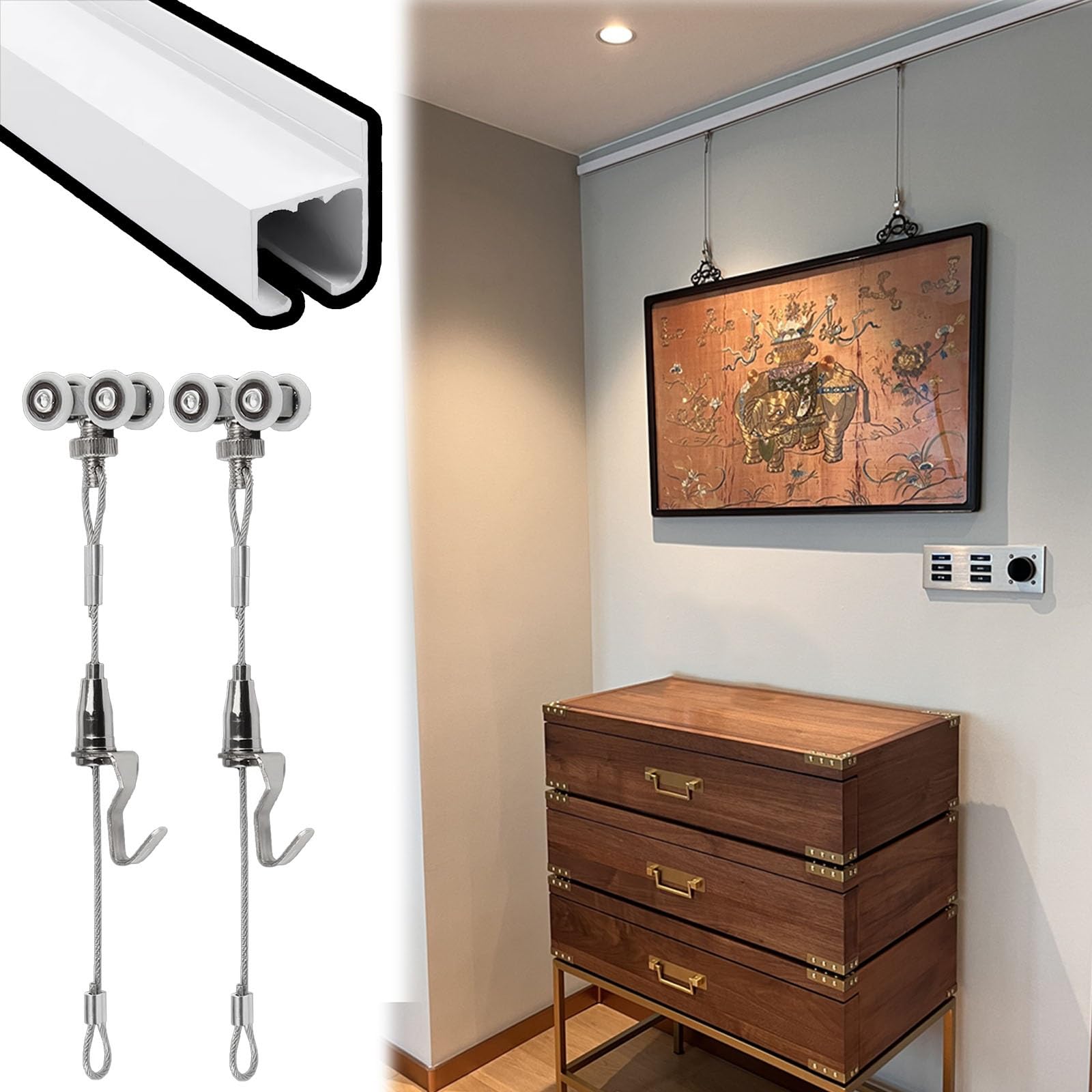 cuelga cuadros Colgación de arte con riel aluminio blanco, ganchos ajustables murales 40" 60" oficina, soporte exposición obras galería(White 60" Rail,3.3'/1m Cord)