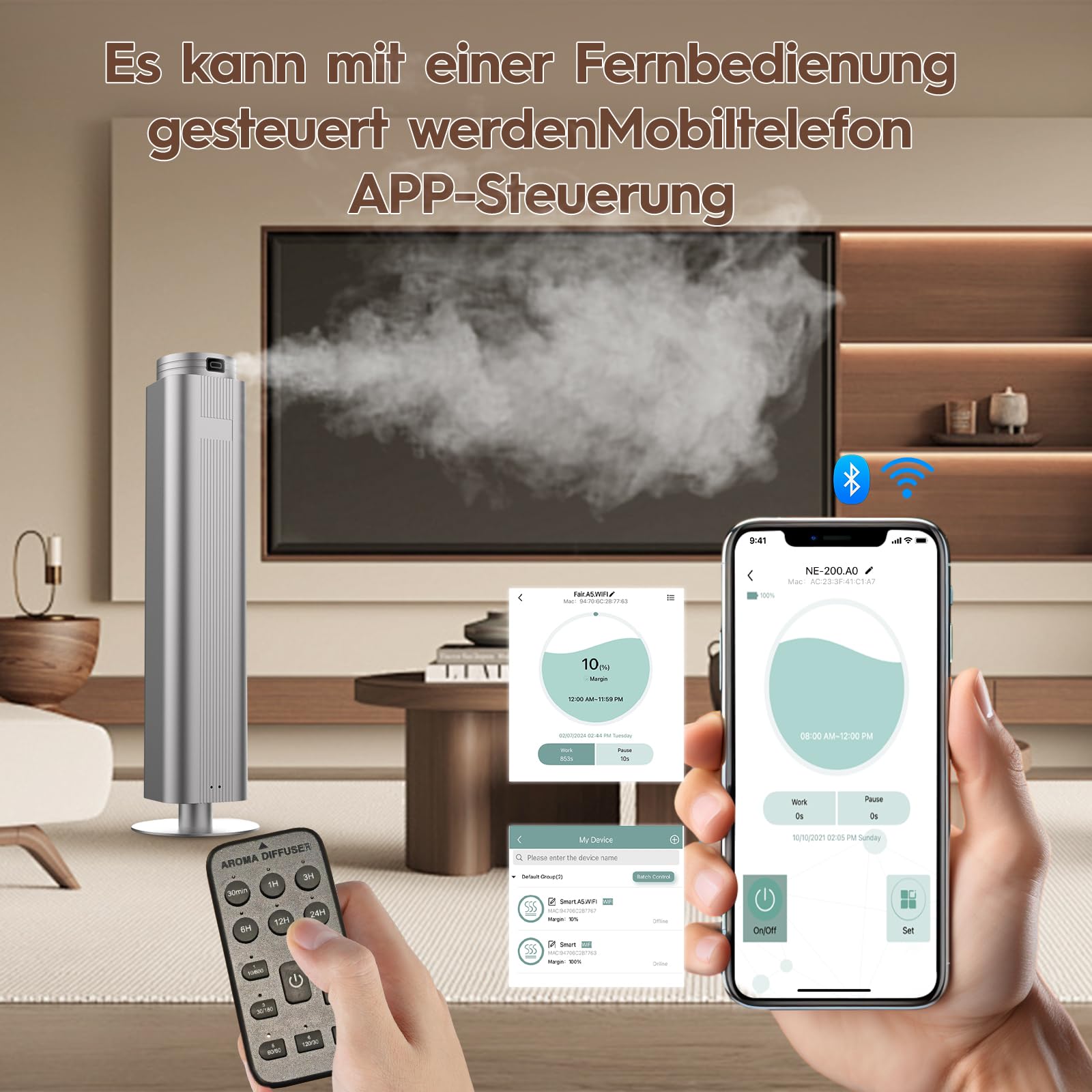 Wasserloser Diffuser FüR äTherische öLe, Bluetooth + WiFi-Funktion, 500ml Stand-Aromatherapie-Diffusor, Timer-Modi, Superleiser, Geeignet FüR Hotel, Spa, Zimmer Und BüRo