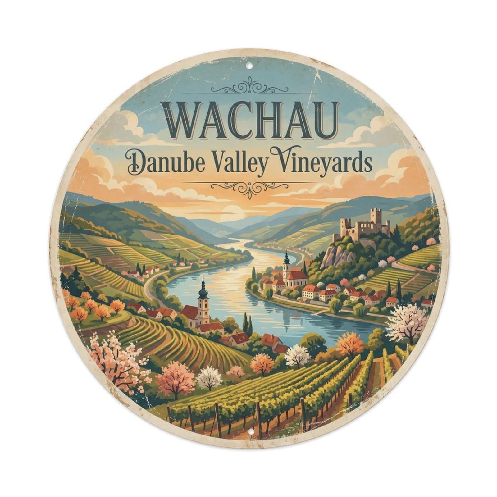 Vintage Travel Wachau Valley Austria Metal Tin Sign Plaque Wall Decor for Cafe, Club Bar, Office, Home Garden Round Metal Poster 8x8Inch