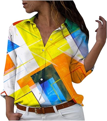 Miniatura 1 de Blusas elegantes para mujer, 2022, con estampado geométrico, de manga larga, con solapa, con botones, divertida, holgada, casual, para el otoño