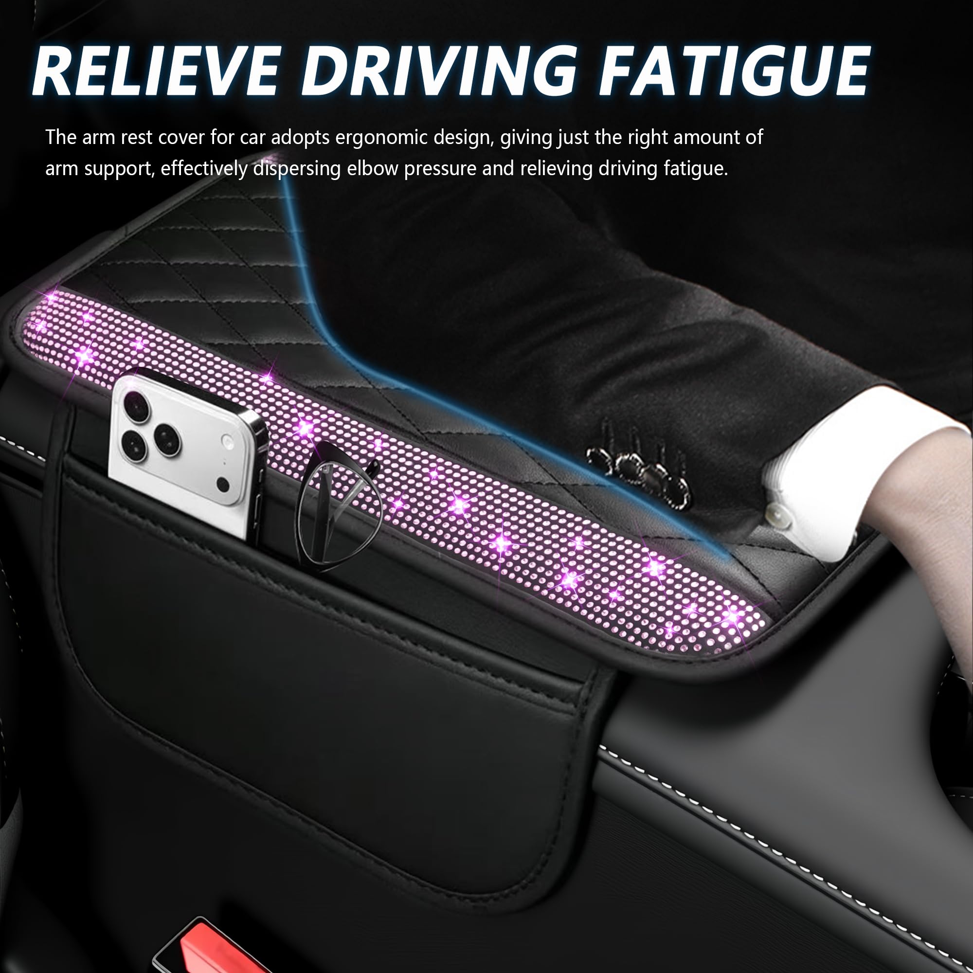 Stacool Upgraded Car Center Console Cover with Rhinestones,Microfiber Leather Car Armrest Cover Cushion with 2 Storage Bags,Universal Cars Armrest Storage Box as Cars Interior Accessories view 4