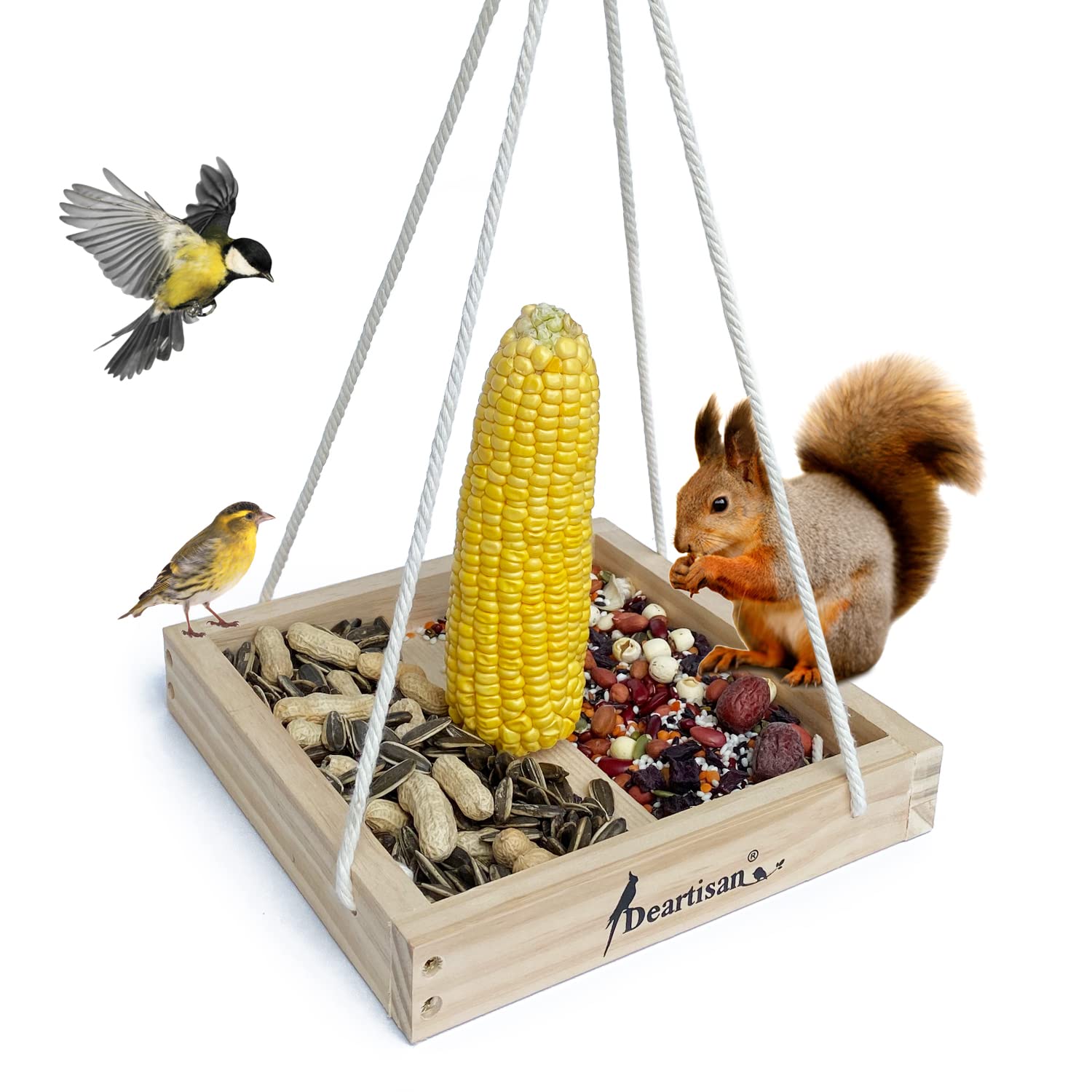 Piattaforma mangiatoia per scoiattoli e uccelli, vassoio in legno di cedro di qualità, da appendere al giardino, decorazione esterna per cortile e uccelli selvatici (pino finlandese)
