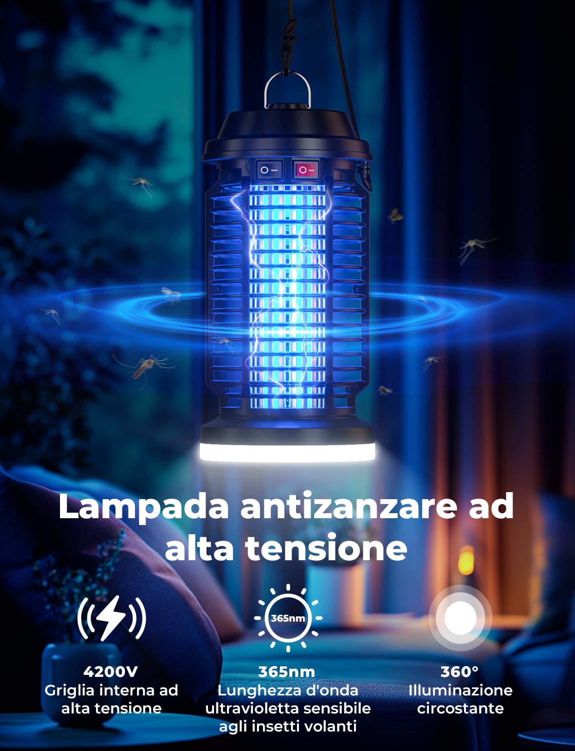 YISSVIC Elektrischer Insektenvernichter 4200V Mückenlampe 15W mit UV-Licht und LED-Beleuchtung Zwei Separate Schalter Wasserdicht IPX4 geeignet für außen und innen 28 x 13.5cm