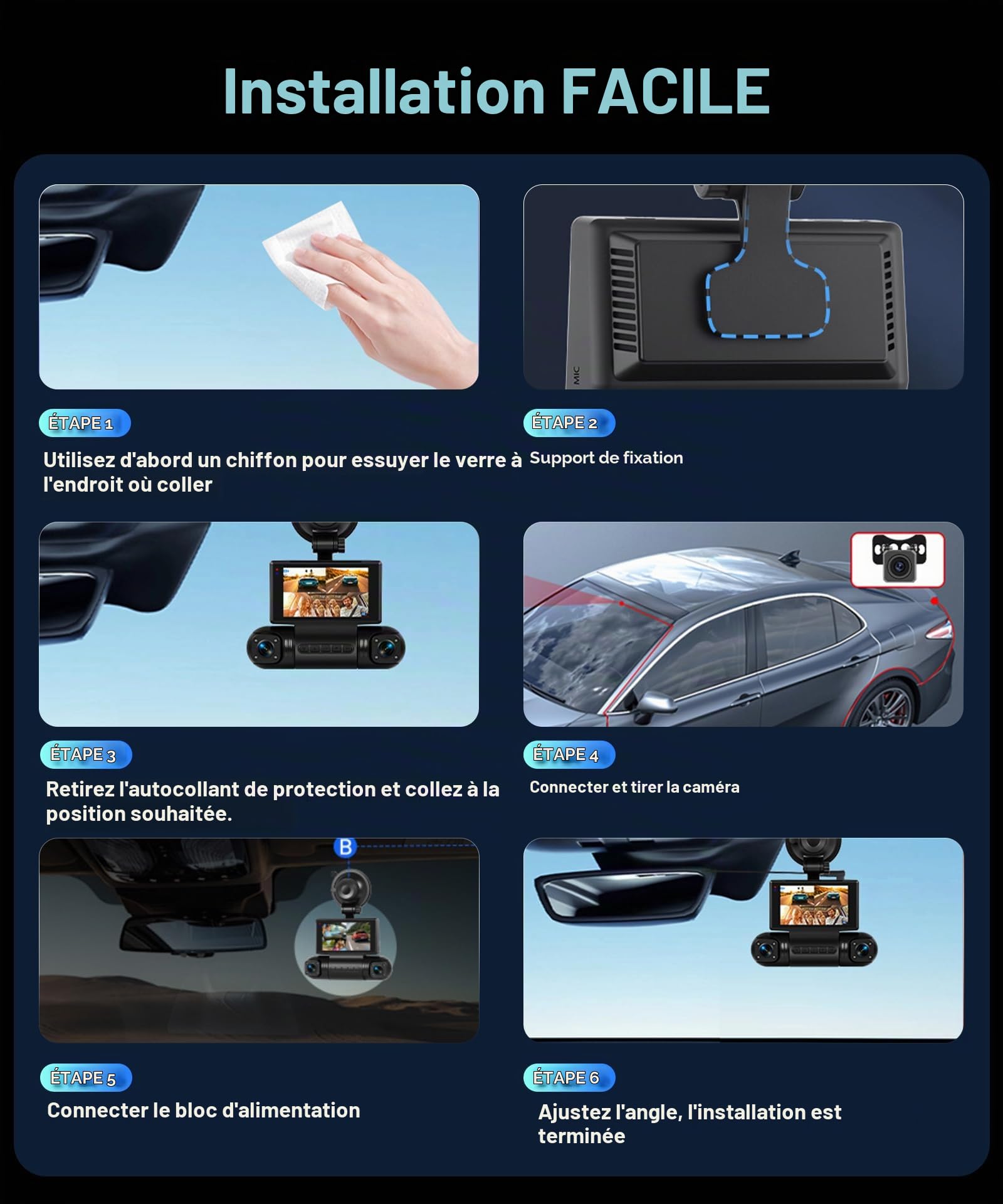 VECHTEL Dashcam Voiture 2K avec Wi-FI,4 caméras embarquées 1080P avec écran IPS 3 Pouces, Vision Nocturne, accéléromètre, Protection à 360 degrés, avec Une Carte de 128 Go,G-Capteur