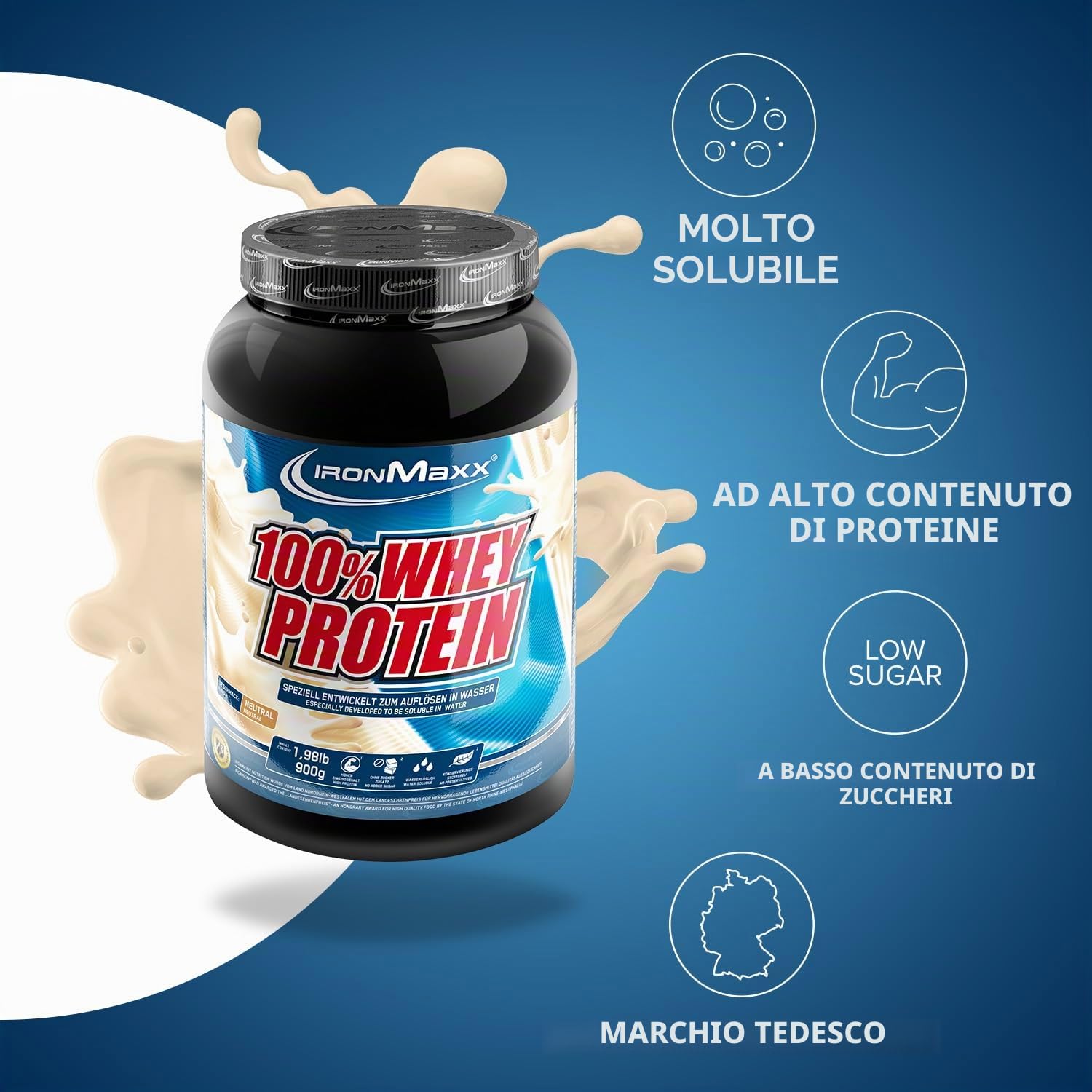 IronMaxx 100% Whey Protein Pulver 900g - Neutral - Frullato ad alto contenuto proteico con BCAA ed EAA per l’allenamento muscolare e il fitness