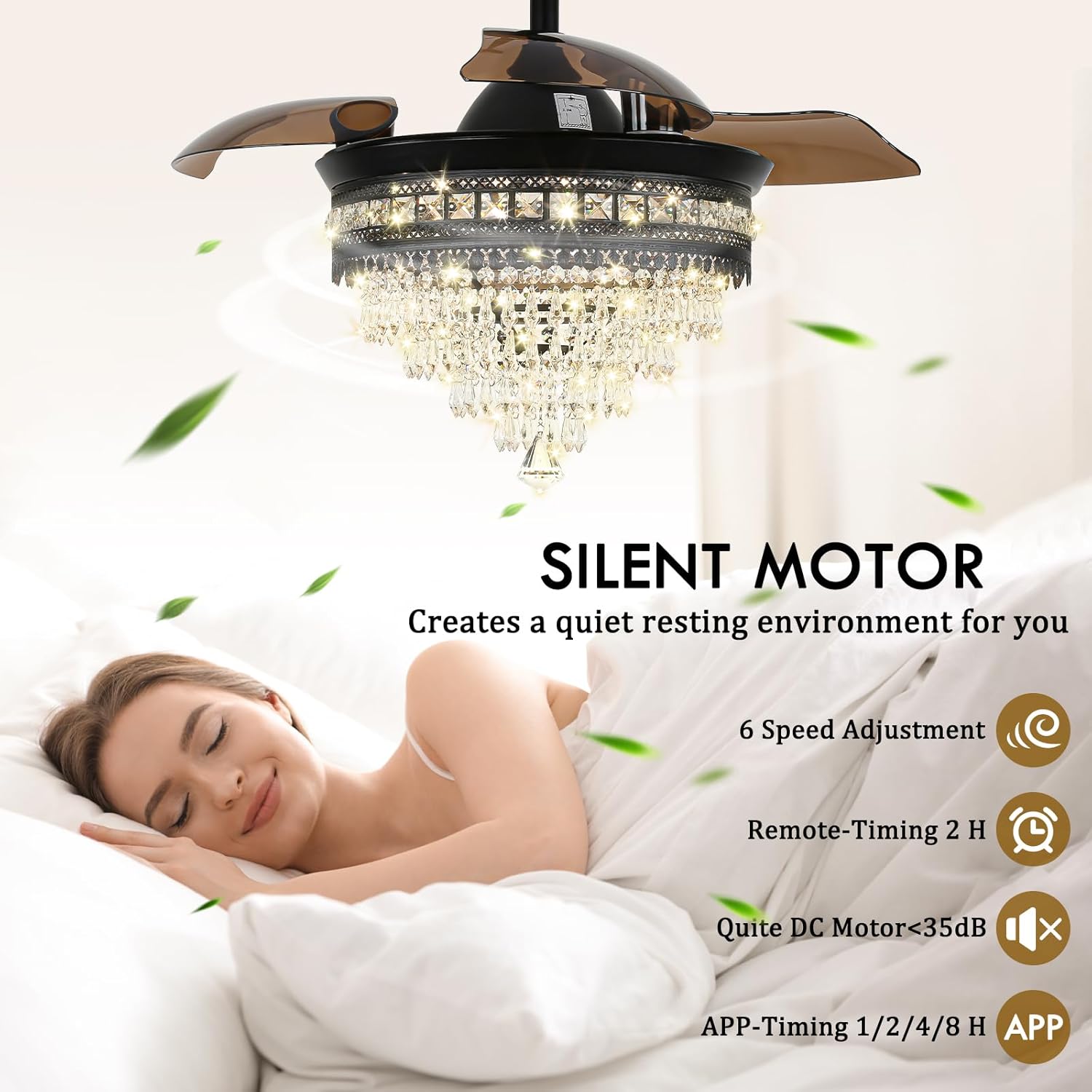 Luxury K9 Crystal Chandelier Fan | Smart Dimmable Fandelier with Retractable Blades(15"-36"), 6-Speed Silent DC Motor & APP/Remote Control, Modern Ceiling Fan Light Hybrid for Bedroom/Living Room