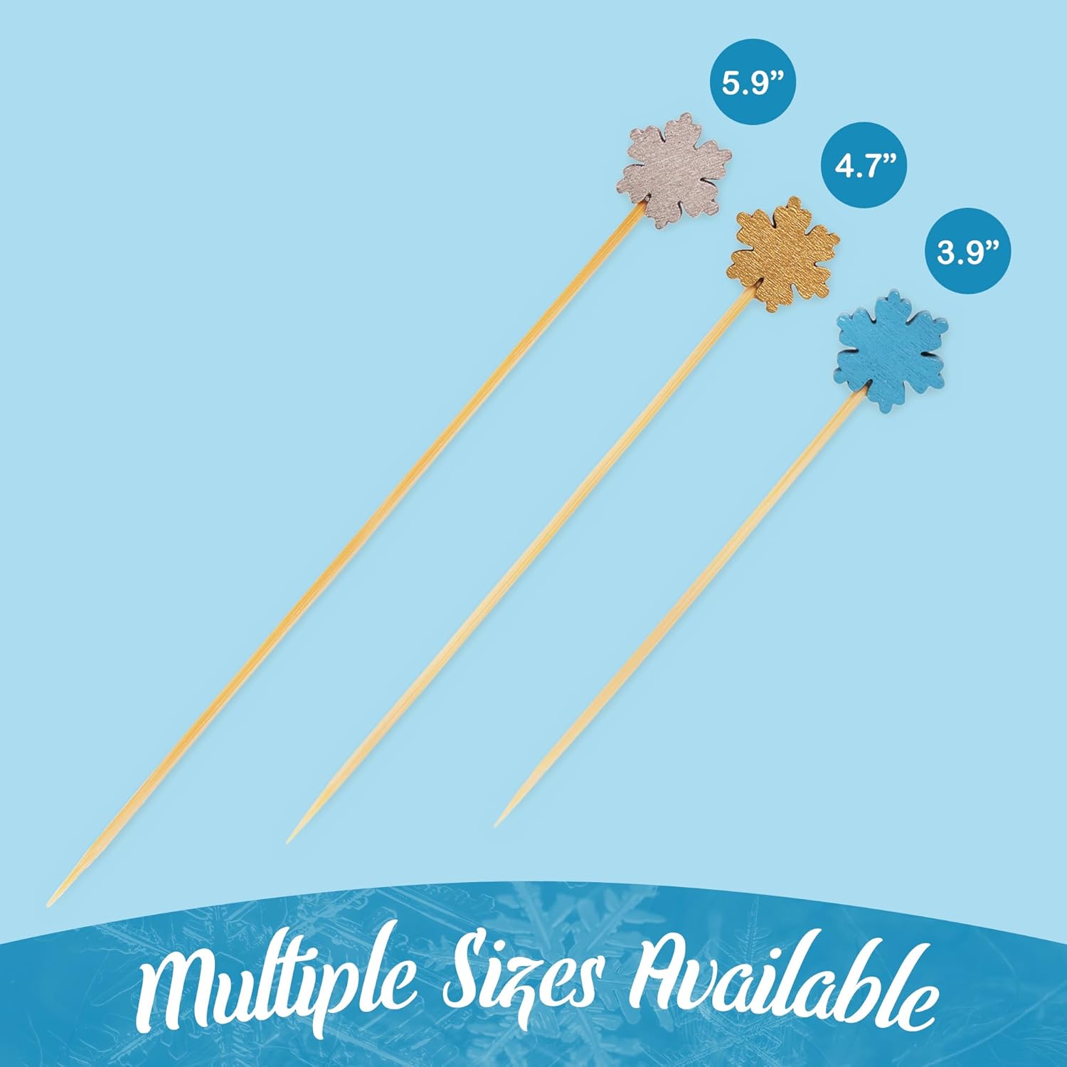 BambooMN - Winter Holiday Snowflake Bamboo Picks Skewers for Appetizers Desserts Cocktails - 5.9" (15cm) - Blue, White, Gold, Silver - 1,000pcs