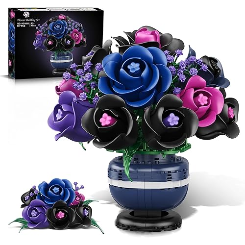 HiWEEGO Flowers Botanicals Building Set - Artificial Purple Black Rose Bonsai Plant for Home Decor, 507PCS Artificial Flowers Building Set Indoor Gothic Decoration, Christmas Birthday Gifts for Adults
