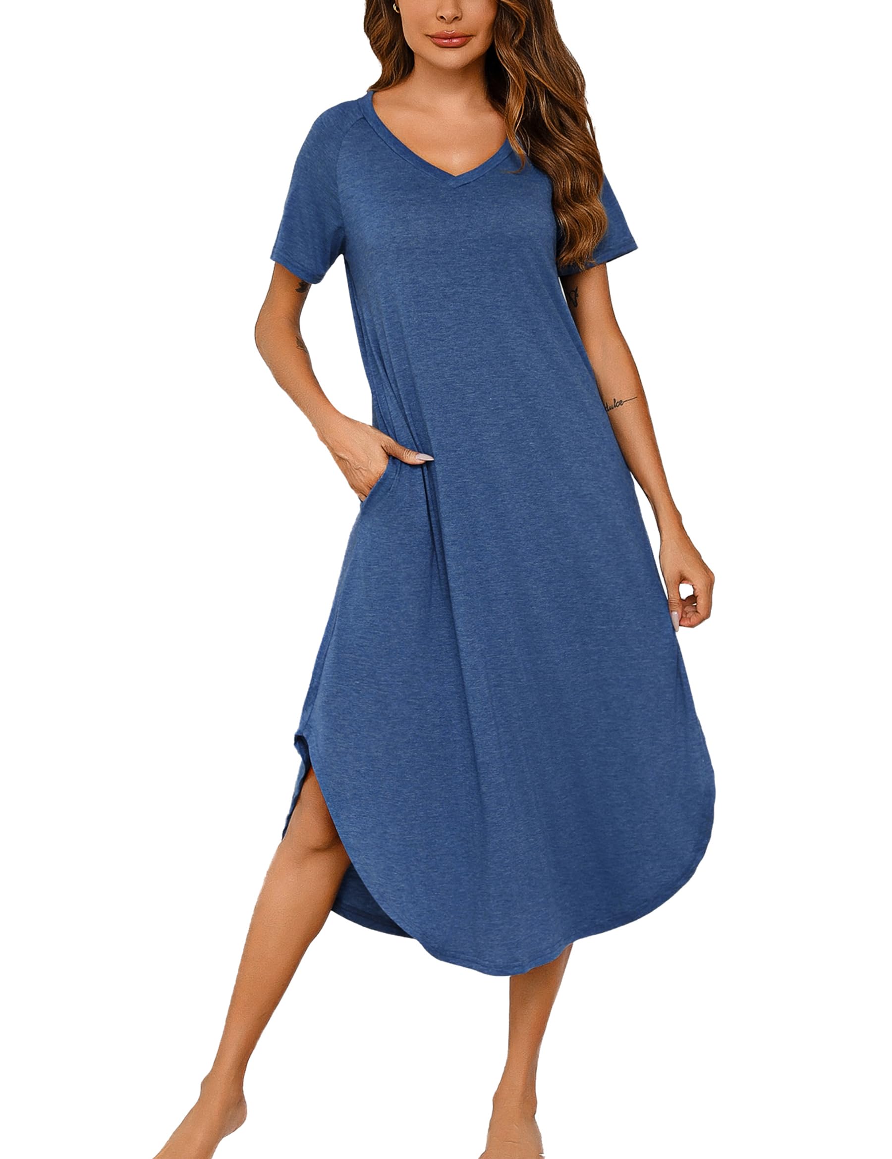 Nieery Nachthemd Damen Lang Baumwolle V-Ausschnitt Sommer Große Größen Kurze Ärmel Lose Schlafshirt Nachtkleid Lässig Nachtwäsche mit Taschen S-3XL