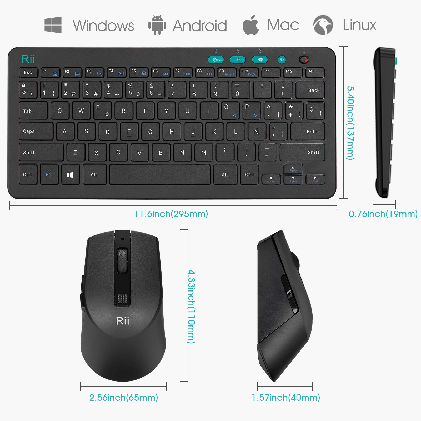 Rii RKM709 Combo de Teclado Español y Ratón Inalámbrico, QWERTY Español, Negro, para Windows, Android, Chrome y Smart TV etc.